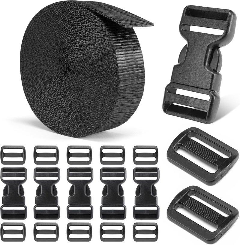 BEYOURD Heavy-Duty Buckles and Strap Set 1-1/4": 6 Yards of Thick Nylon Webbing, 6-Pack Adjustable Quick Side Release Plastic Buckles, 12 Tri-Glide Slide Clips, Black (1 1/4 Inch Combo Set) - Image 1